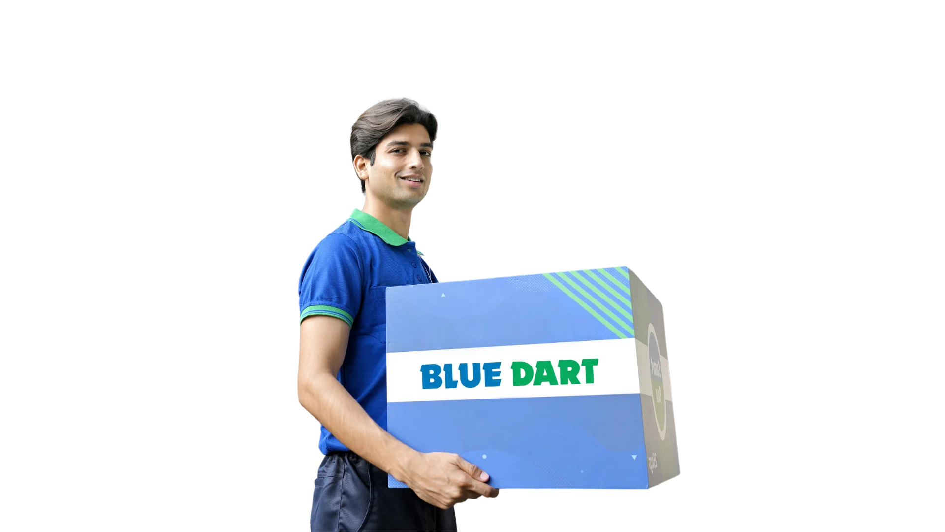 Blue Dart delivery agent holding package